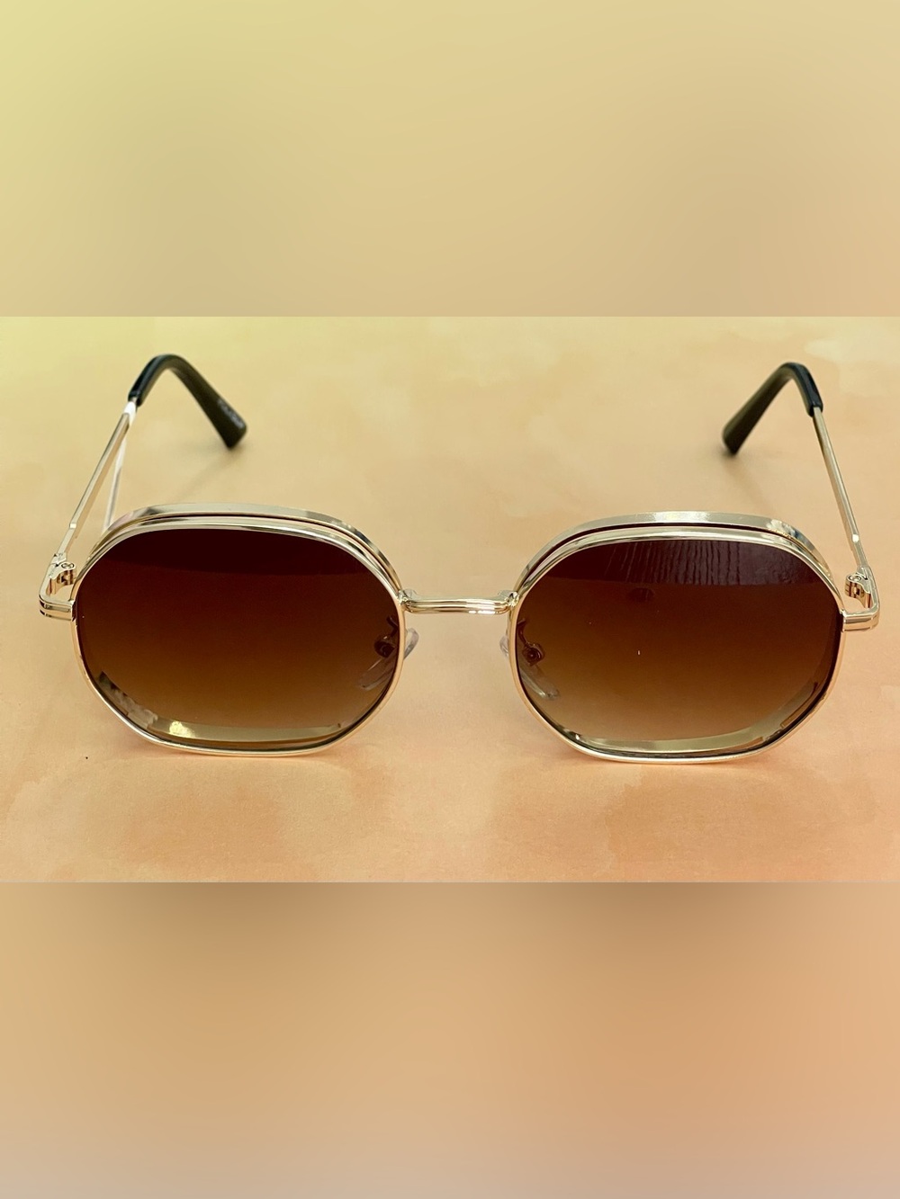 Free People Gold Doble Frame Brown Lens Square-Rounded Sunglasses - Picture 8 of 13